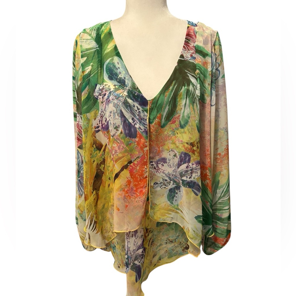 Floral Sheer Overlay Long Sleeved Blouse Size Large